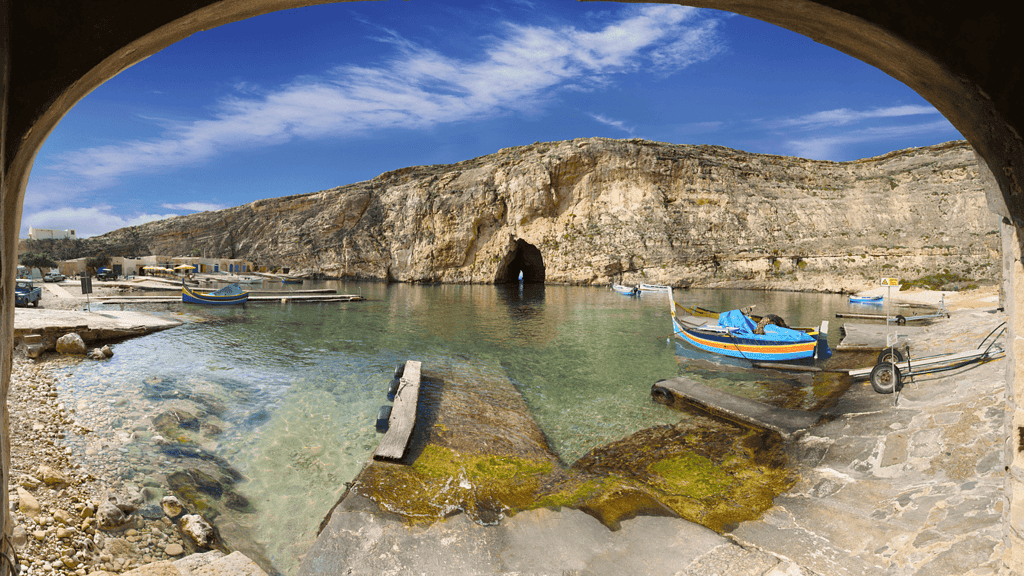 Inland Sea, Dwerja Gozo. A shallow lagoon with a tunnel through limestone cliffs leading to the sea.