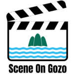 Scene on Gozo Logo. A stylised clapperboard with three green hills in the centre, and three blue wavy lines running widthways.