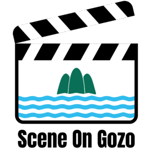 Scene on Gozo Logo. A stylised clapperboard with three green hills in the centre, and three blue wavy lines running widthways.