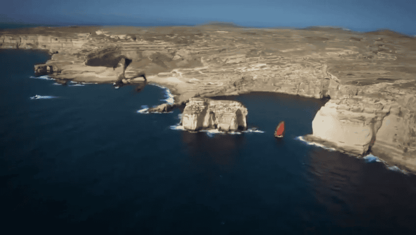 Ancient sailing ship leaving Dwerja Bay, followed by a monstrous bird.