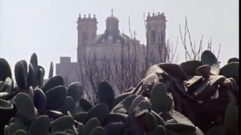Gharb parish church in the background, framed by Prickly Pear leaves in the foreground.