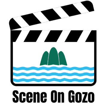 Scene on Gozo Logo. A stylised clapperboard with three green hills in the centre, and three blue wavy lines running widthways.