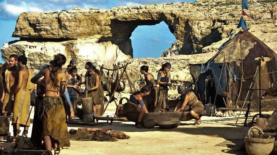 The Dothraki camp in front of the Azure Window.