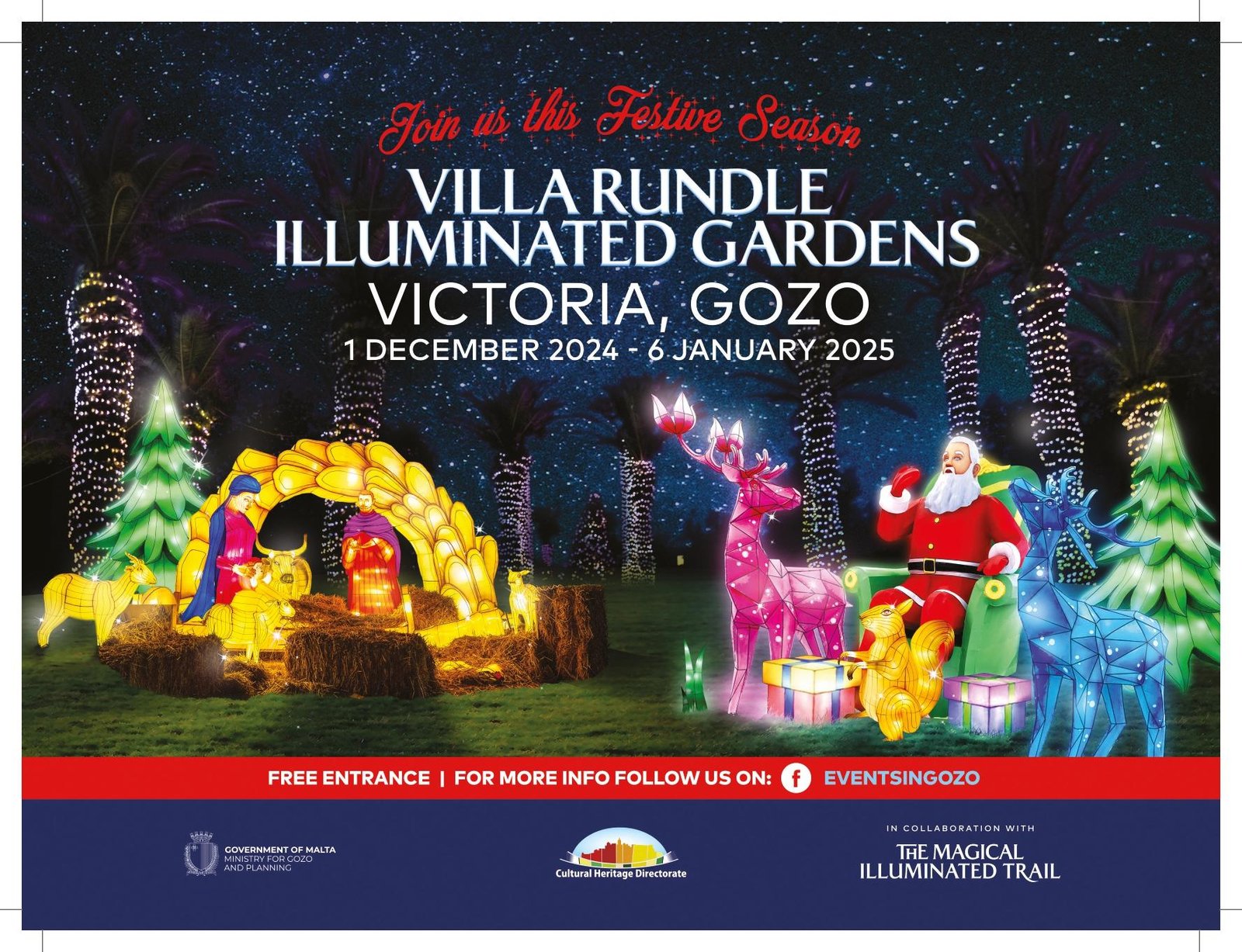 Poster for the Christmas 2024 Villa Rundle Illuminated Gardens, Victoria, Gozo