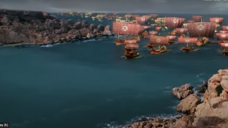 The Greek fleet sails into the Blue Lagoon.