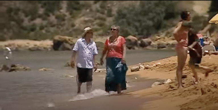 Steve McDonald and Eileen Grimsby on Ramla Beach, Gozo.