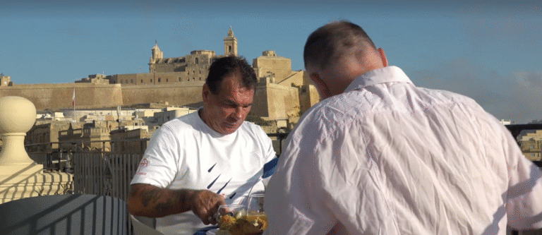 Dan Coll and Paddy Docherty enjoy a roof top breakfast.