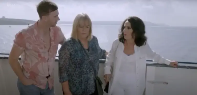 Sharon (Pauline Quirke), Tracey (Linda Robinson) and Doreen (Lesley Joseph) stand by the railing of the Gozo channel FErry