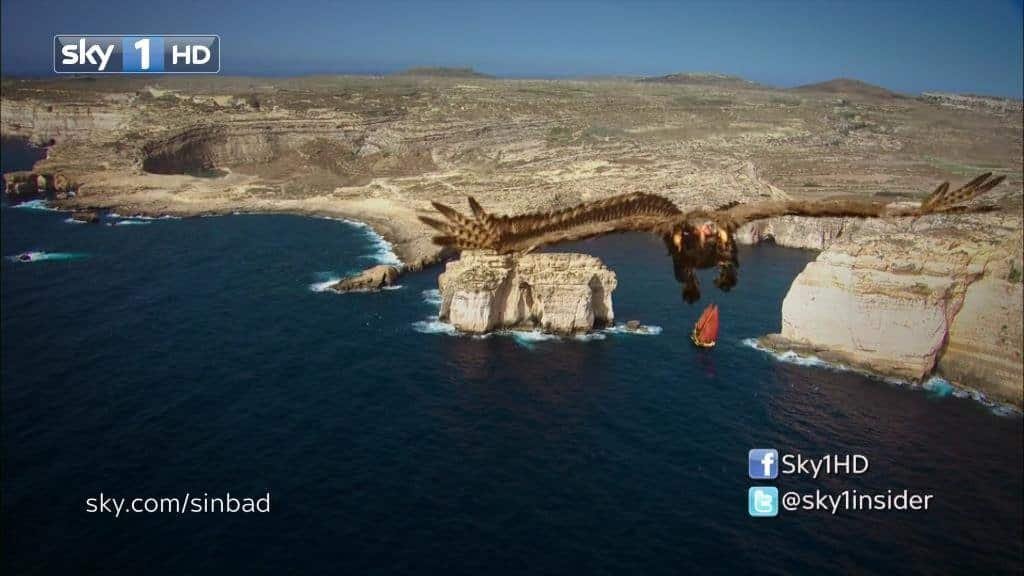 Ancient sailing ship leaving Dwerja Bay, followed by a monstrous bird.