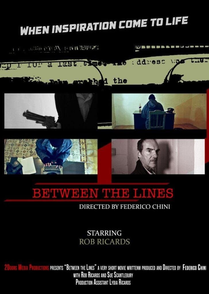 Poster for short film, "Between the Lines" short film featuring suspenseful imagery and intense storytelling.