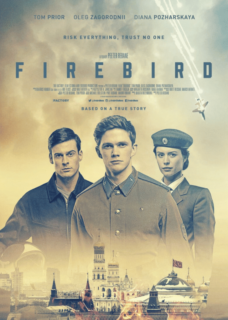 A vintage-style poster of the film FIREBIRD with young soldiers and iconic architecture, emphasizing themes of courage, trust, and true stories.