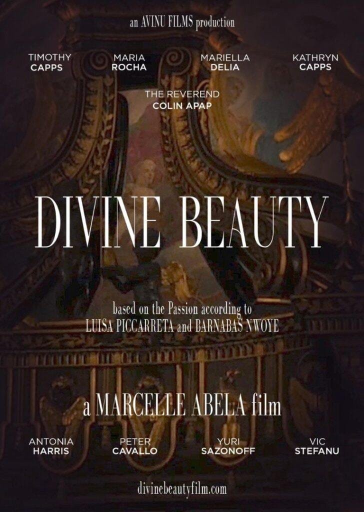 Divine Beauty movie poster showcasing film production, cast, and artistic visuals from Malta, featuring Timothy Capps, Maria Rocha, and Mariella Delia.