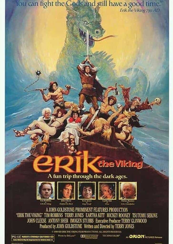 A coluorful movie poster for Erik the Viking featuring Viking characters and a dragon, ideal for Malta travel, film locations, and Viking heritage.