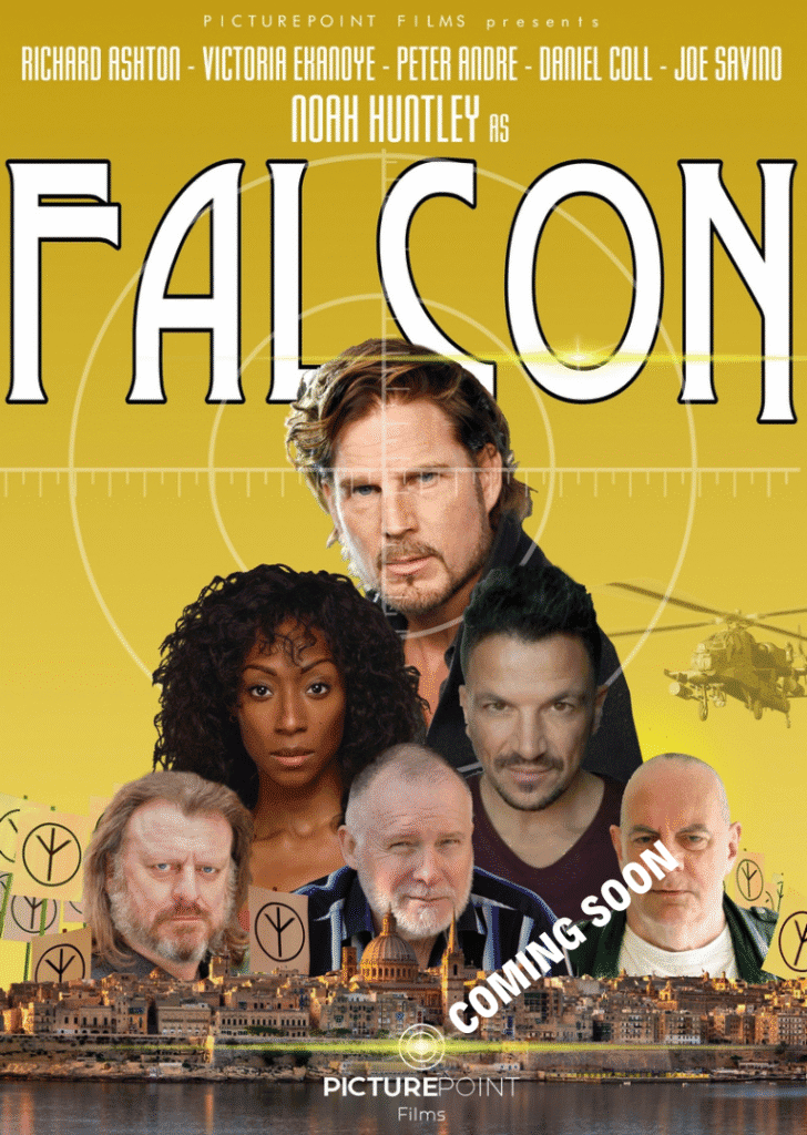Falcon movie poster with actors, helicopter, and cityscape, highlighting upcoming scenes for Scene On Gozo.