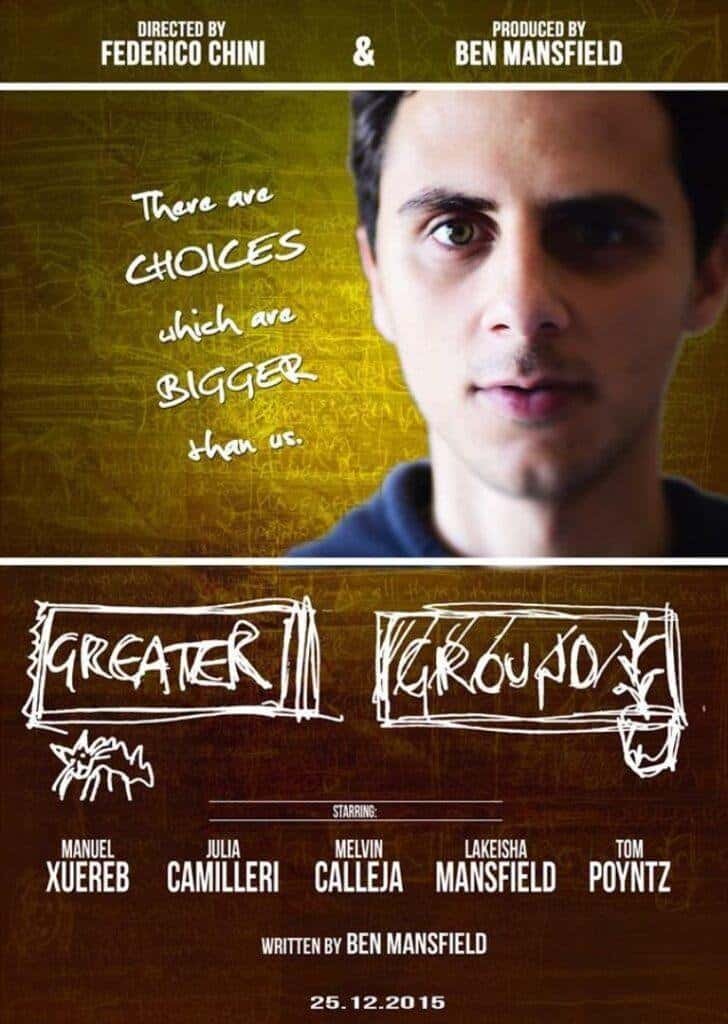A promotional poster for the film 'Greater Groud' featuring a young man with intense eyes, surrounded by handwritten text and actor credits, showcasing Scene On Gozo's event.