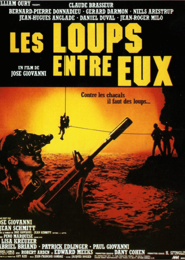 Les Loups entre eux film poster showcasing classic war movie by Jose Giovanni, with dramatic orange sunset and soldier with grenade launcher.