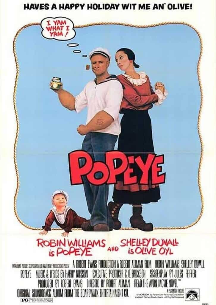 POPEYE movie poster with Robin Williams, Shelley Duvall, and Olive Oyl for a nostalgic holiday theme scene on Gozo island.