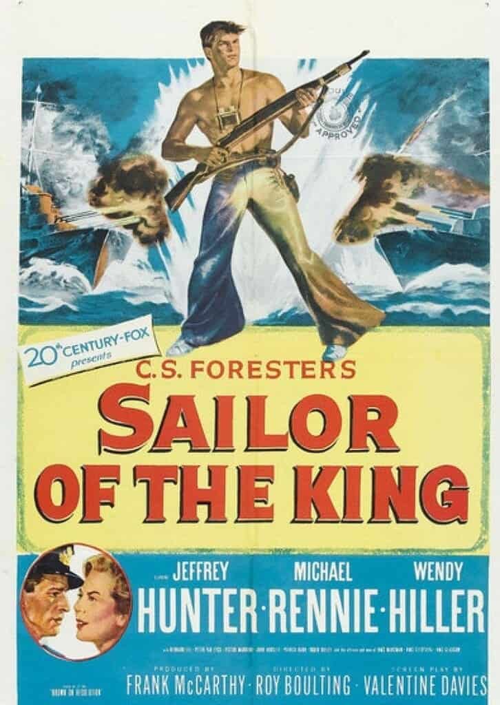 Sailor of the king movie poster, vintage film poster for sailor of the king featuring a confident sailor with guns, ships in battle, and action scene, classic WWII era design.