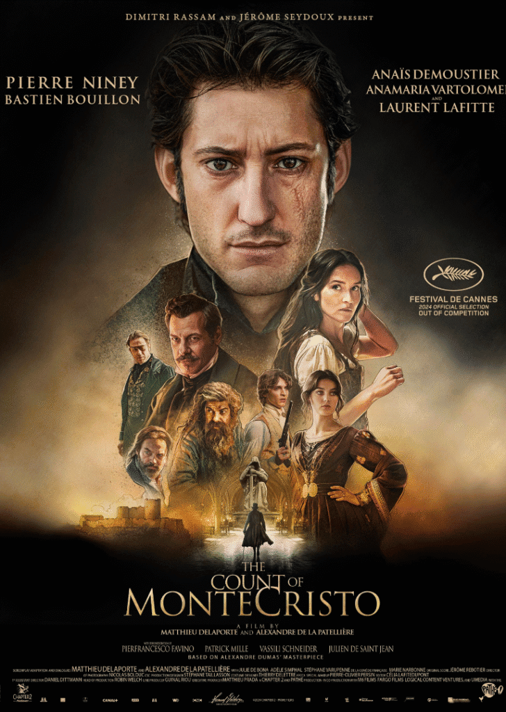 A compelling poster showcasing the main characters of "The Count of Monte Cristo" with historical and dramatic elements.