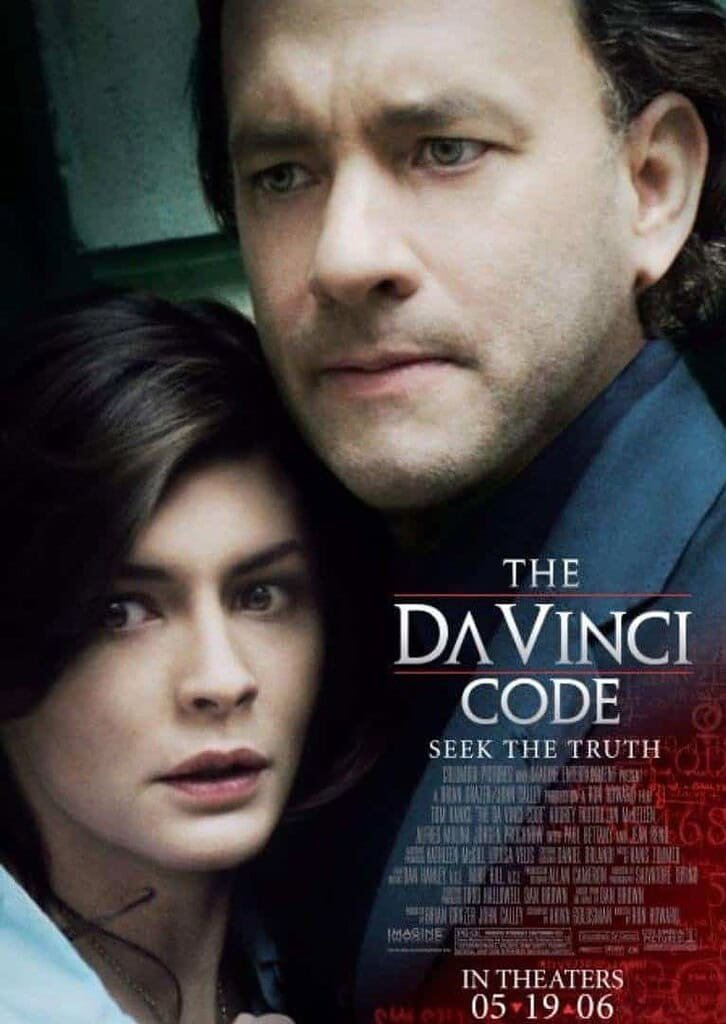 Film poster for The Da Vinci Code with Tom Hanks and Audrey Tautou promoting the movie.
