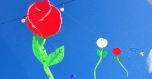 Kites in the shape of single stem red and white roses.