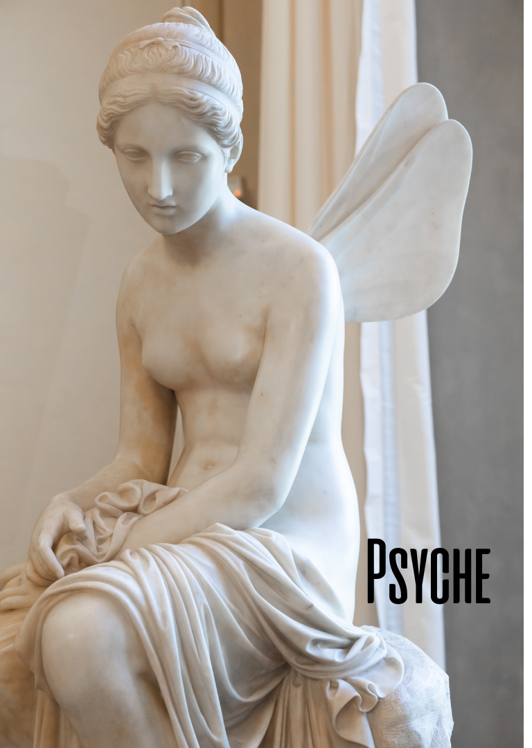 A marble statue of the greek mythological figure, Psyche.