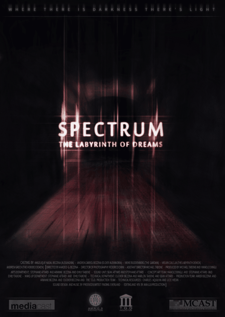 Spectrium scene on gozo film poster, labyrinth of dreams, dark corridor with neon glow, digital distortion effects, immersive horror movie atmosphere.