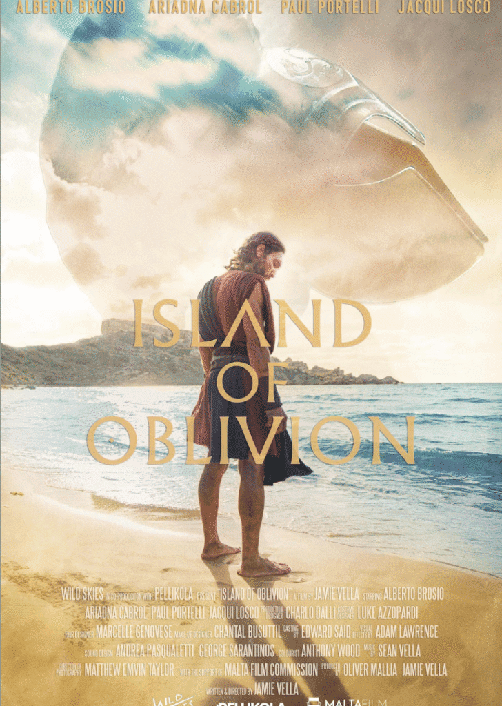 Alt: Promotional poster for "Island of Oblivion" starring Alberto Brosio, featuring a man on a beach with a large alien spaceship in the sky.