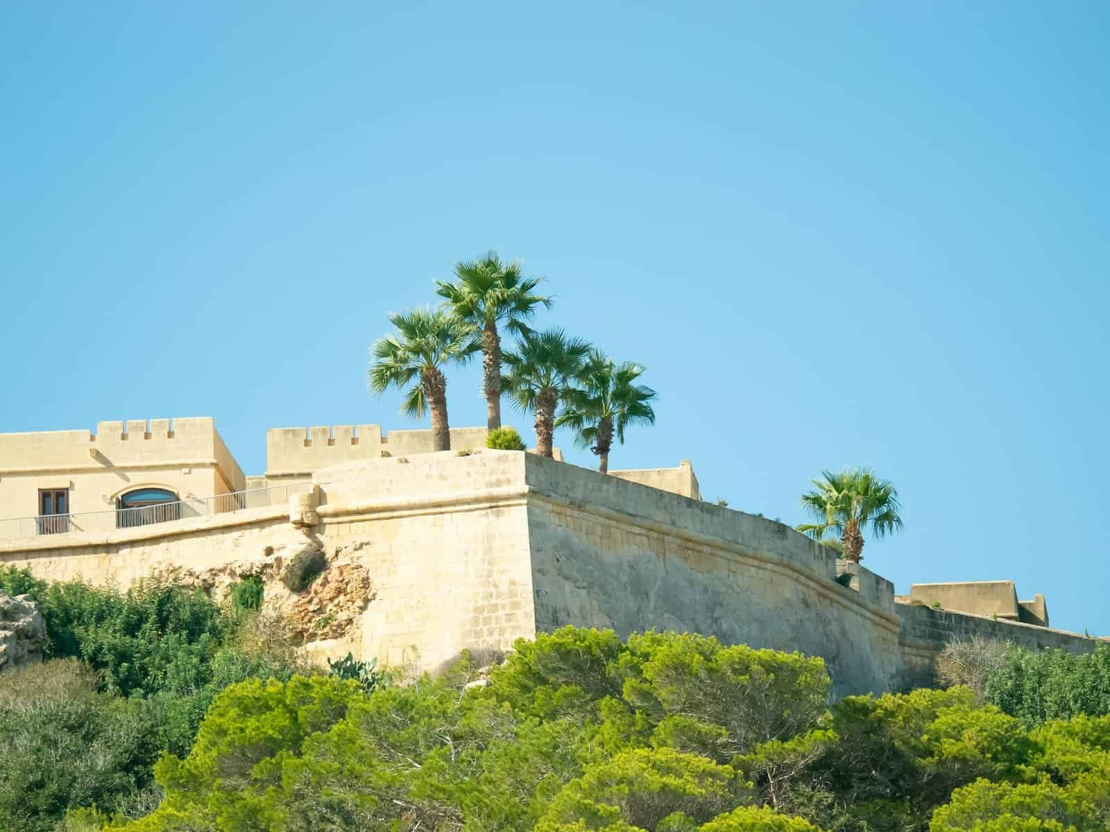 Explore the stunning architecture of an ancient fortress in sunny Malta with palm trees and clear blue skies.