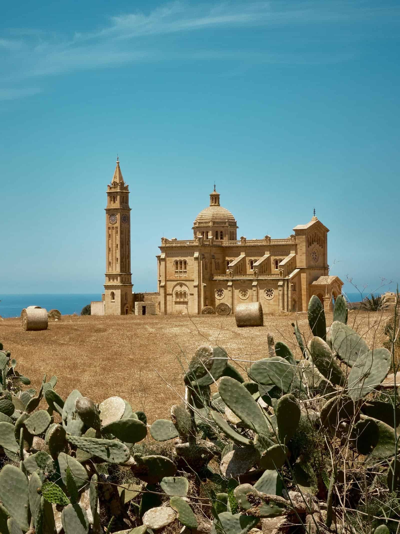 Stunning view of Ta' Pinu Church in Gozo, Malta, surrounded by golden fields and cacti under a clear blue sky.